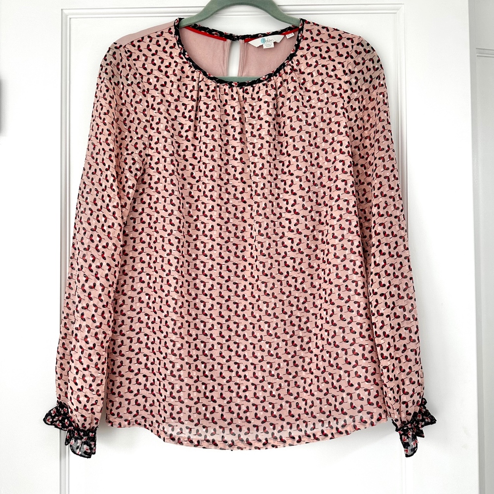 Boden Milkshake I've Clover Blouse Sheer Long Sleeve Ruffle Pink Print Top‎ US 4